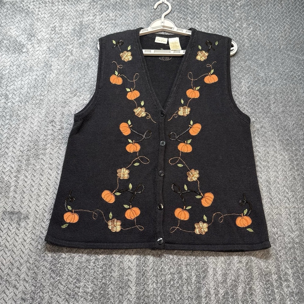 Vintage Bobbie Brooks Pumpkin Embroidered Sweater Vest Women's XL Black Y2K